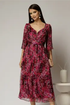 Rochie midi de ocazie cu imprimeuri magenta din matase naturala imagine