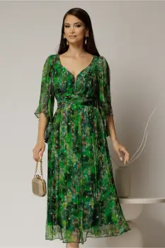 Rochie midi de ocazie cu imprimeuri verzi din matase naturala imagine