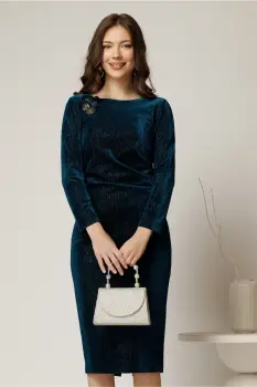 Rochie midi de ocazie din catifea cu lurex turcoaz imagine