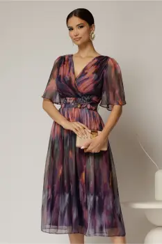Rochie midi de ocazie din voal cu imprimeuri mov imagine