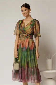 Rochie midi de ocazie din voal cu imprimeuri oranj imagine