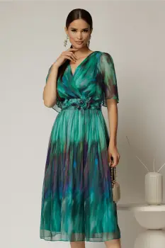 Rochie midi de ocazie din voal cu imprimeuri turcoaz imagine