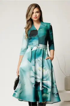 Rochie midi de zi cu imprimeu in nuante de turcoaz imagine