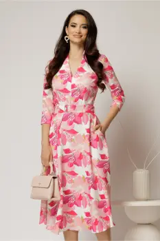 Rochie midi de zi ivoar cu imprimeuri fucsia cu buzunare imagine
