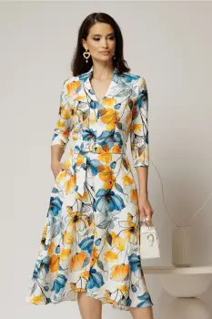 Rochie midi de zi ivoar cu imprimeuri galbene si albastre cu buzunare imagine
