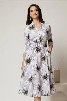 Rochie midi de zi lila cu imprimeuri ivoar cu buzunare imagine