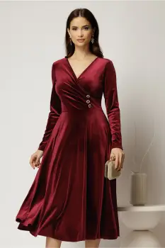 Rochie midi din catifea bordo cu bustul petrecut si nasturi eleganti imagine