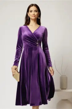 Rochie midi din catifea mov cu bustu petrecut si nasturi eleganti imagine