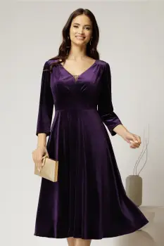 Rochie midi din catifea mov cu decolteu V imagine