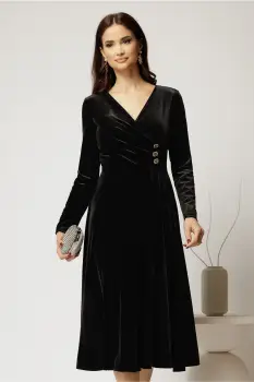 Rochie midi din catifea neagra cu bustul petrecut si nasturi eleganti imagine
