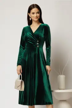Rochie midi din catifea verde cu bustul petrecut si nasturi eleganti imagine