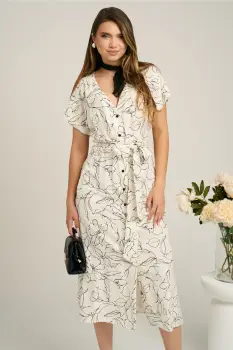 Rochie midi din in alba cu imprimeuri negre si cordon in talie imagine