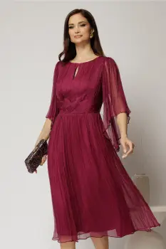 Rochie midi din matase naturala magenta cu maneci evazate si talia impletita imagine