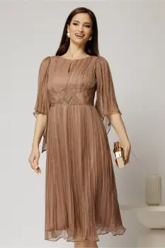 Rochie midi din matase naturala maro cu maneci evazate si talia impletita imagine