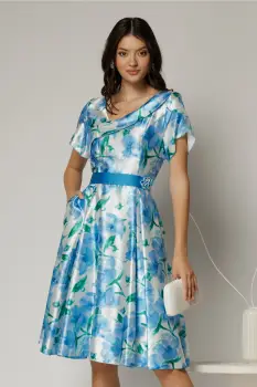 Rochie midi din satin cu imprimeuri bleu imagine