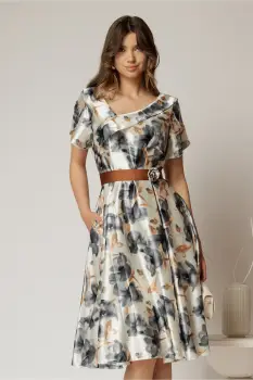 Rochie midi din satin cu imprimeuri gri si maro imagine