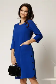 Rochie midi din stofa albastra cu buzunare si nasturi decorativi imagine