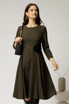 Rochie midi din stofa carou kaki si finisaje negre imagine