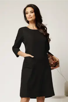Rochie midi din stofa neagra cu buzunare si nasturi decorativi imagine