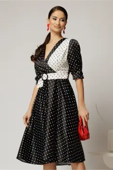 Rochie midi din tafta cu buline alb negru imagine