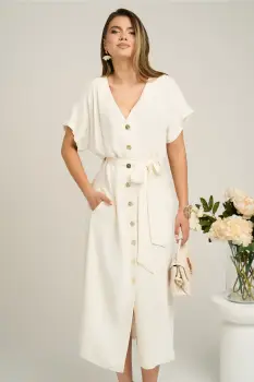 Rochie midi din viscoza alba cu nasturi si cordon in talie imagine