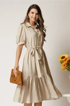 Rochie midi din viscoza bej cu dungi si cordon in talie tip camasa imagine