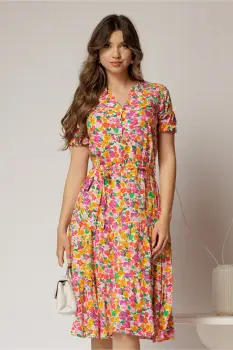 Rochie midi din viscoza cu imprimeu floral roz oranj imagine