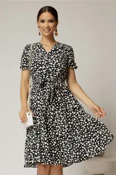Rochie midi din viscoza neagra cu imprimeu alb imagine