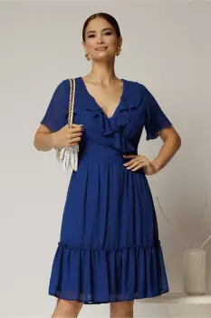 Rochie midi din voal albastru cu decolteu petrecut cu volanase si maneci scurte imagine