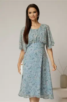 Rochie midi din voal bleu cu imprimeuri cu maneci scurte lejere imagine