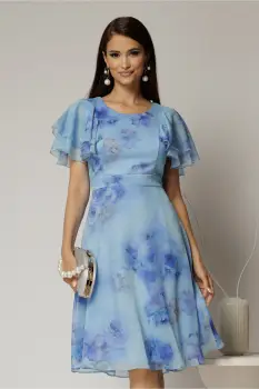 Rochie midi din voal bleu cu imprimeuri si volanase la maneci imagine