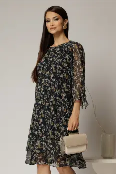 Rochie midi din voal bleumarin cu floricele si maneci trei sferturi imagine