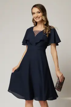 Rochie midi din voal bleumarin cu maneci evazate si decolteu adanc imagine