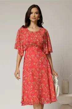 Rochie midi din voal corai cu imprimeuri cu maneci scurte lejere imagine