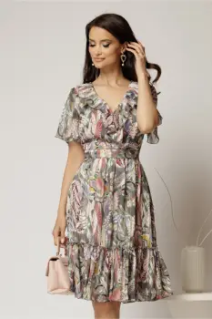 Rochie midi din voal kaki cu imprimeuri cu decolteu petrecut cu volanase si maneci scurte imagine