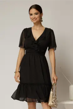 Rochie midi din voal negru cu decolteu petrecut cu volanase si maneci scurte imagine