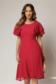 Rochie midi din voal rosu zmeura si volanase la maneci imagine