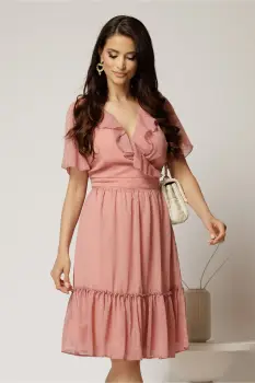 Rochie midi din voal roz cu decolteu petrecut cu volanase si maneci scurte imagine