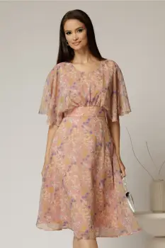 Rochie midi din voal roz cu imprimeuri cu maneci scurte lejere imagine