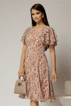 Rochie midi din voal roz cu imprimeuri si volanase la maneci imagine