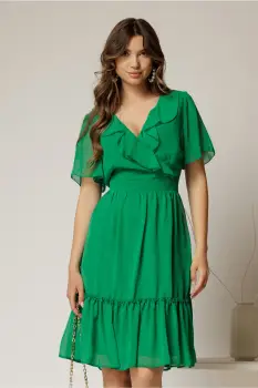 Rochie midi din voal verde cu decolteu petrecut cu volanase si maneci scurte imagine