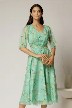 Rochie midi din voal verde menta cu imprimeu galben imagine