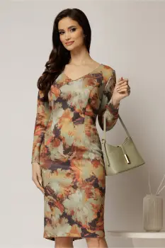 Rochie midi dreapta cu imprimeu verde fistic si oranj imagine