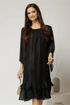 Rochie midi eleganta neagra cu fir lurex din voal cu croi lejer si volanase la baza imagine