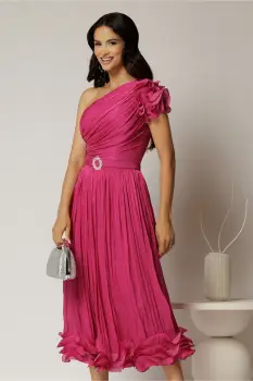 Rochie midi fucsia coniac din voal peliculizat cu volanase pe fusta imagine