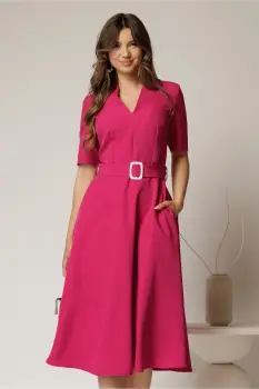 Rochie midi fucsia cu decolteu in V si cordon cu catarama in talie imagine