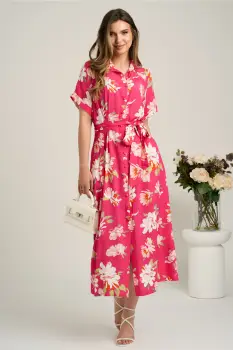 Rochie midi fucsia cu flori albe din viscoza in clini cu nasturi si cordon in talie imagine