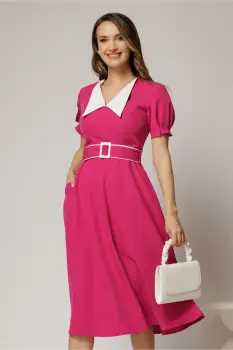 Rochie midi fucsia cu guler alb in contrast si cordon cu insertii imagine