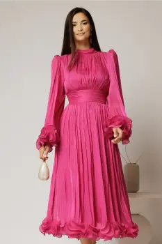 Rochie midi fucsia de ocazie din voal peliculizat cu maneci ample cu volanase imagine