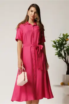 Rochie midi fucsia din bumbac in clos cu cordon in talie imagine